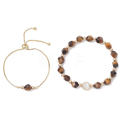 2Pcs 2 Styles Natural Tiger Eye Beaded Bracelets BJEW-JB13009-01-1