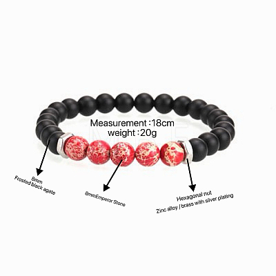 8MM Dyed Natural Imperial Jasper and Frosted Black Round Beaded Stretch for Men DZ7575-1-1