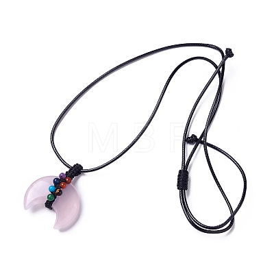 Adjustable Natural Rose Quartz Double Horn Pendant Necklace with Wax Cord for Women NJEW-B086-01I-1