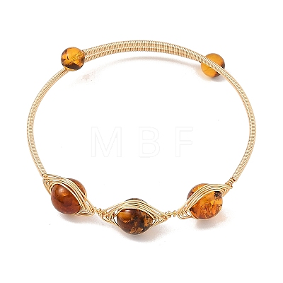 Natural Amber Horse Eye Herringbone Wire-Wrapped Open Cuff Bangles BJEW-JB14461-1