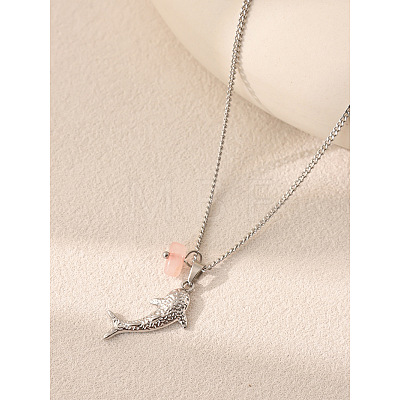 Ocean Style 304 Stainless Steel Shark with Natural Gemstone Chip Pendant Necklaces for Women FS-WGDF2F1-04-1