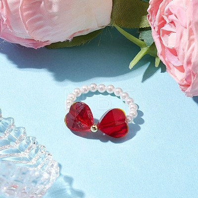 Heart Bowknot Transparent Glass & Shell Pearl Beaded Finger Rings RJEW-TA00123-1