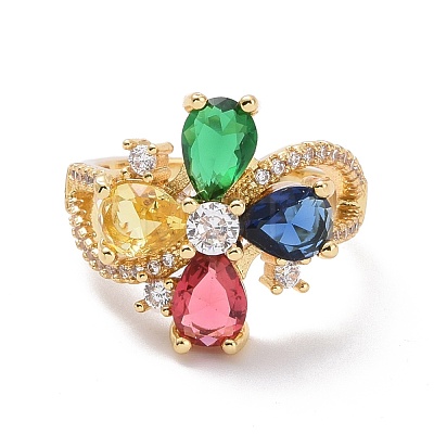 Colorful Cubic Zirconia Heart Open Cuff Ring RJEW-P032-38G-1