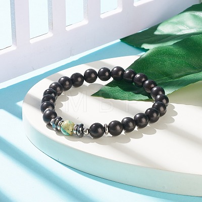 Synthetic Hematite & Natural Wood & Imperial Jasper(Dyed) Round Beaded Stretch Bracelet BJEW-JB07924-1