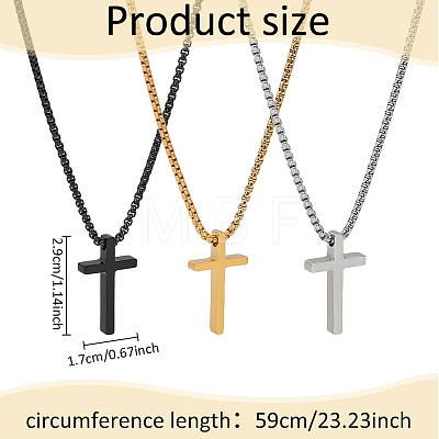 ANATTASOUL 3Pcs 3 Colors Titanium Steel Cross Pendant Necklace with Box Chains NJEW-AN0001-76-1