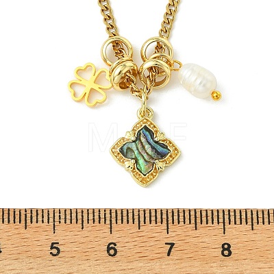 Brass Natural Paua Shell & Pearl Pendant 304 Stainless Steel Curb Chain Necklaces for Women NJEW-JN06258-03-1