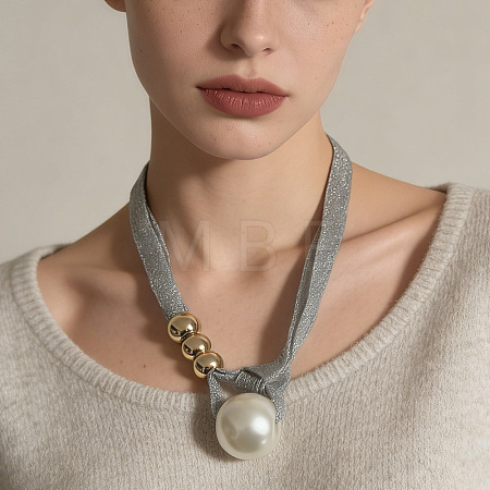 White Imitation Pearl Round Pendant Cloth Cord Necklaces with CCB Plastic Beads for Women WGDA1DD-01-1