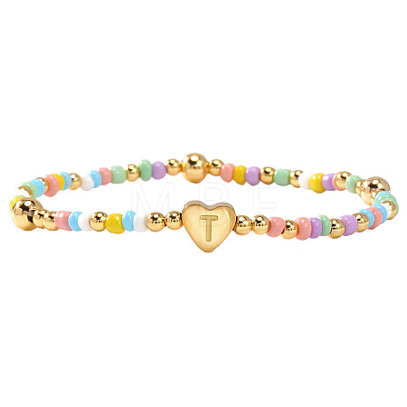 Summer Stainless Steel Heart Alphabet Colorful Glass Seed Beaded Stretch Bracelets for Women JV8929-46-1