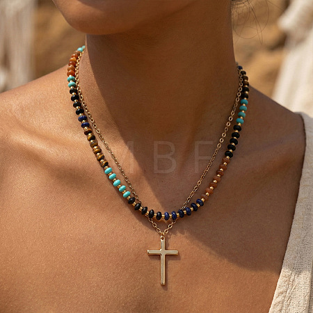 Stainless Steel Religion Cross Pendant Colorful Natural Mixed Gemstone Rondelle Beaded Double Layer Necklaces for Women TF5926-1