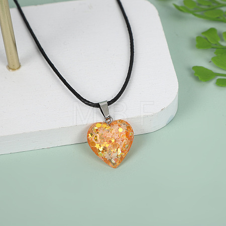 Luminous Heart with Paillette Inside Pendant Black Wax Cord Necklaces FS-WGF75A0-08-1