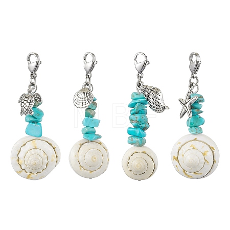 4Pcs 4 Styles Sea Animal Alloy & Natural Shiva Eye Shell Pendant Decorations HJEW-JM02013-1