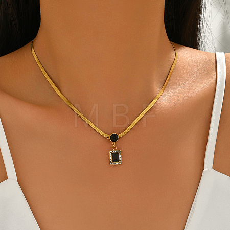 Vintage Stainless Steel Natural Black Onyx(Dyed & Heated) Rectangle Pendant Flat Snake Chain Necklaces for Women DM4995-1