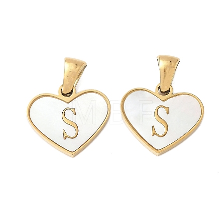 304 Stainless Steel Pave Natural White Shell Heart with Initial Slice Pendants STAS-R168-25G-S-1