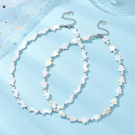 2Pcs 2 Styles Natural White Shell & Brass Moon Star Beaded Necklaces NJEW-JN05854-1