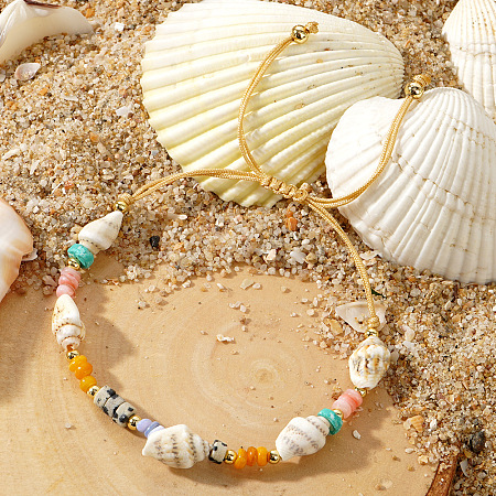 Bohemian Natural Gemstone & Seashell & Brass Beads Braided Bead Bracelets OF4081-1