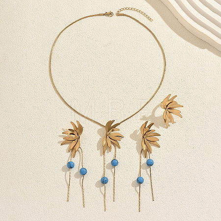 Stainless Steel & Plastic Imitation Pearl Flower Tassels Earrings & Necklaces & Rings Sets for Women DQ9834-1-1
