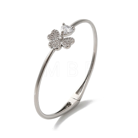 Rack Plating Brass Pave Clear Cubic Zirconia Clover & Heart Hinged Bangles BJEW-H616-01P-1