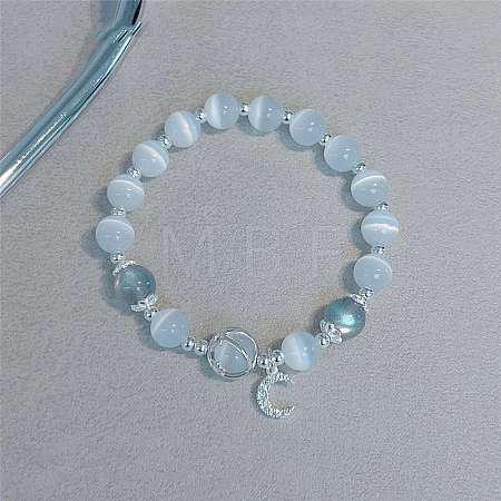 Moon Alloy Cat Eye & Natural Moonstone Round Beaded Charm Bracelets WG18D49-10-1