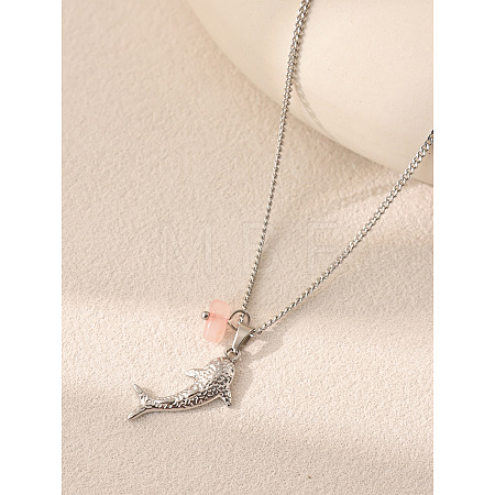 Ocean Style 304 Stainless Steel Shark with Natural Gemstone Chip Pendant Necklaces for Women FS-WGDF2F1-04-1