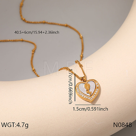 304 Stainless Steel Pave Clear Cubic Zirconia & Natural White Shell Pendant Necklaces for Women WG91666-05-1