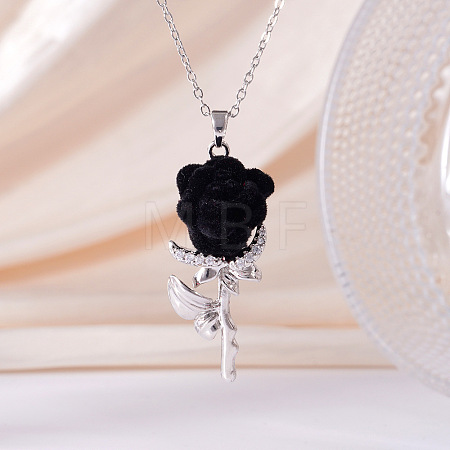 Valentine's Day Flocking Brass Micro Pave Clear Cubic Zirconia Rose Flower Pendant 304 Stainless Steel Cable Chain Necklaces for Women WG19B77-04-1