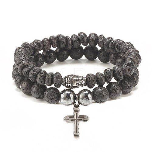 2Pcs 2 Style Natural Lava Rock & Synthetic Hematite Stretch Bracelets Set with 304 Stainless Steel Buddhist Head & Cross BJEW-JB08289-1