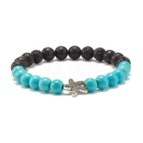 Round Synthetic Turquoise & Natural Lava Rock Stretch Bracelet BJEW-JB07470-05-1