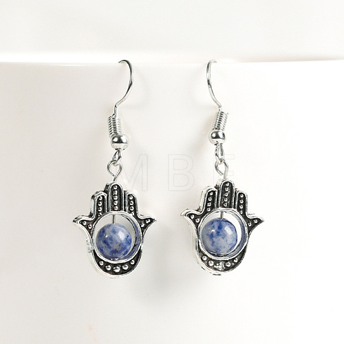 Natural Crystal Stone Hamsa Hand & Round Dangle Earrings UB8598-8-1