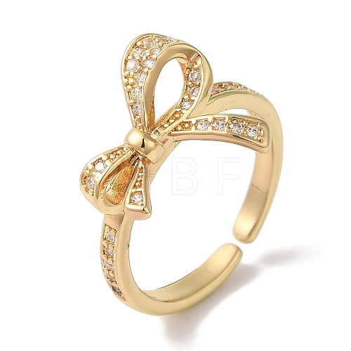 Bowknot Brass Micro Pave Clear Cubic Zirconia Open Cuff Rings for Women RJEW-C098-25G-1