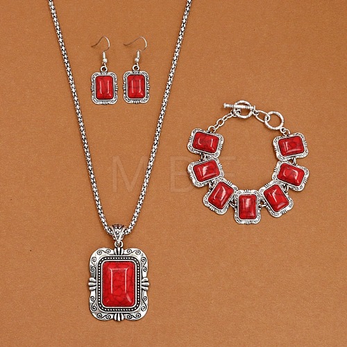 Rectangle Alloy with Synthetic Turquoise Pendant Necklaces & Dangle Earrings & Link Bracelets Sets WGD1135-12-1