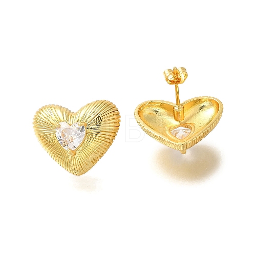 Rack Plating Heart Brass Clear Cubic Zirconia Stud Earrings EJEW-I310-23G-1