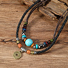 Adjustable Coin Alloy & Synthetic Turquoise & Wood Beaded Pendant Necklaces FS-WG4430E-01-1