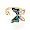 Butterfly Brass Micro Pave Clear Cubic Zirconia & Abalone Shell Cuff Rings Setting KK-T079-41G-2