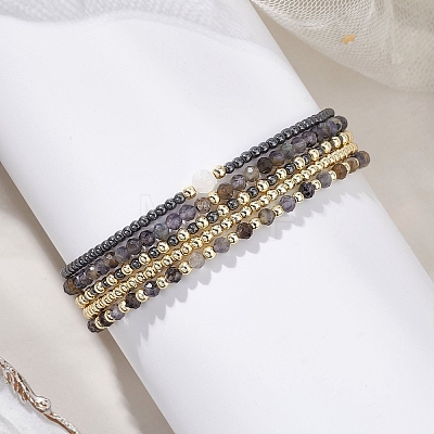 5Pcs 5 Styles Natural Rainbow Moonstone & Iolite & Non-magnetic Synthetic Hematite Beads Bracelets BJEW-JB13090-1