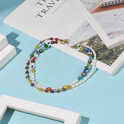 2Pcs 2 Styles Handmade Millefiori Glass & Natural Pearl & Glass Seed Beaded Necklaces Set for Women NJEW-JN04185-1
