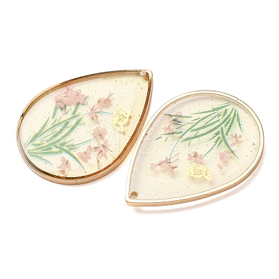 Brass & Transparent Epoxy Resin & Dried Flower Pendants RESI-G133-02G-01-1