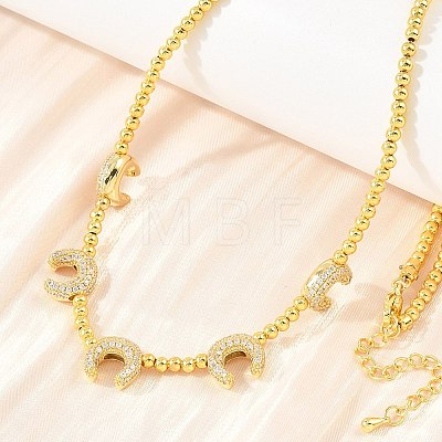 Brass Micro Pave Clear Cubic Zirconia Double Horn and Round Beaded Necklaces KK-CBA4547-06G-1