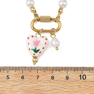 2Pcs 2 Colors Handmade Printed Floral Porcelain Heart & 304 Stainless Steel Pendant Round White Shell Pearl Beaded Necklaces for Women NJEW-JN06391-1