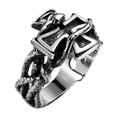 Punk Rock Style 316L Surgical Stainless Steel Cross with Snake Wide Band Rings for Men RJEW-BB06728-11-1