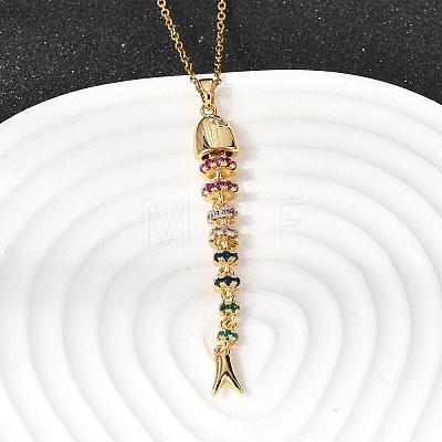 201 Stainless Steel Pave Colorful Cubic Zirconia Fish Bone Pendant Necklaces for Women NJEW-C111-02A-G-1