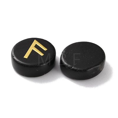 Brass Elder Futhark Alphabet Engraved Symbol Flat Round Natural Obsidian Rune Stones G-I373-01H-1