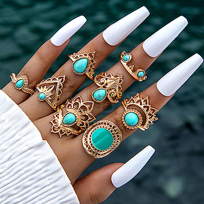 8Pcs 8 Style Synthetic Turquoise Finger Rings Sets PW-WG41930-03-1