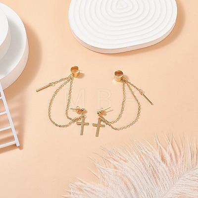 Brass Hanging Chain Dangle Stud Earrings with Ear Cuff EJEW-TA00148-1