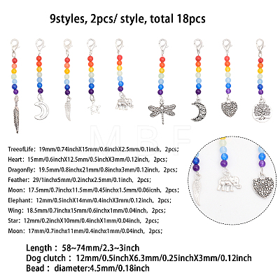 18Pcs 9 Style Chakra Theme Natural & Dyed Malaysia Jade Beaded Pendant Decorations HJEW-CA0001-47-1