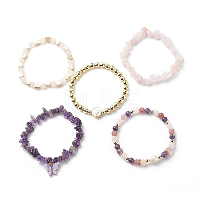 5Pcs 5 Style Natural Mixed Gemstone Chips & Natural Pearl & Brass Heart Beaded Stretch Bracelets Set BJEW-JB08988-1
