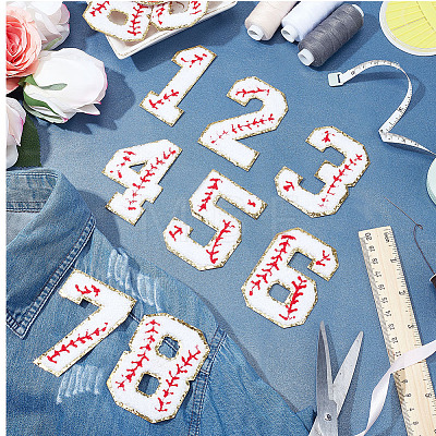  11Pcs Number 0~9 & Flat Tennis Shaped Towel Embroidery Style Cotton Iron on/Sew on Patches DIY-NB0007-60-1