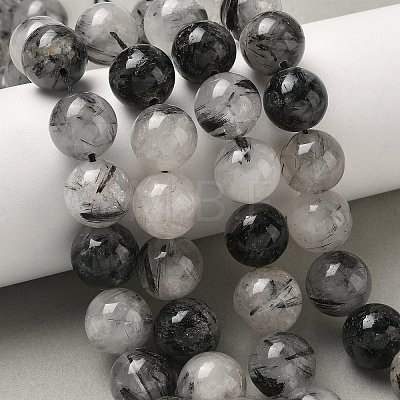 Natural Tourmalinated Quartz Beads Strands G-F818-A09-14mm-1