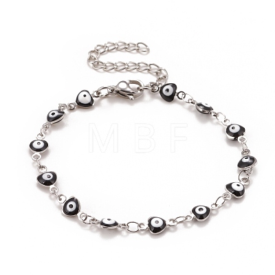 Enamel Heart with Evil Eye Link Chains Bracelet BJEW-P271-06P-04-1