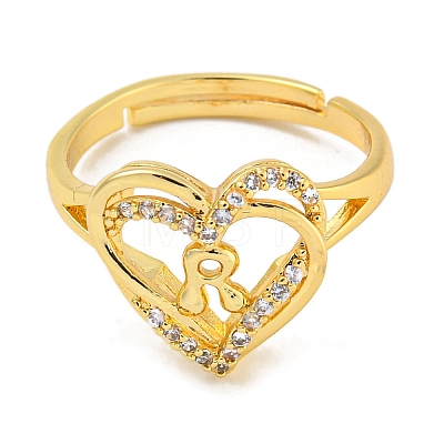 Heart with Letter Rack Plating Brass Micro Pave Clear Cubic Zirconia Adjustable Rings for Women RJEW-I105-01G-R-1