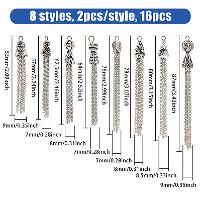 16Pcs 8 Styles Tibetan Style Zinc Alloy Tassels Big Pendants TIBEP-PH0001-91-1